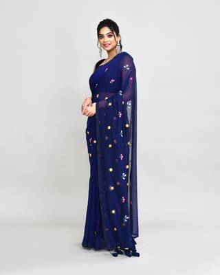 Women's blue exclusive embroidery saree with tassels without blouse 2