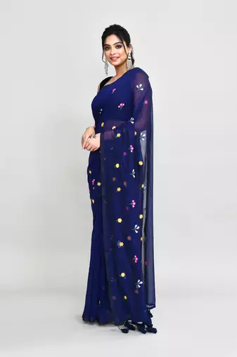 Women's blue exclusive embroidery saree with tassels without blouse
