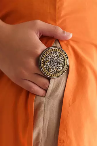 Orange stitch detail high low cotton kurta with pants