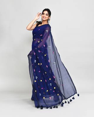Women's blue exclusive embroidery saree with tassels without blouse 3