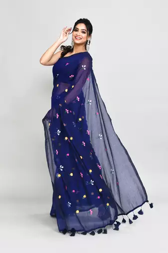 Women's blue exclusive embroidery saree with tassels without blouse