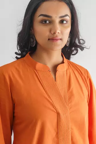 Orange stitch detail high low cotton kurta with pants