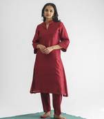 Maroon threadwork chanderi silk kurta with pants