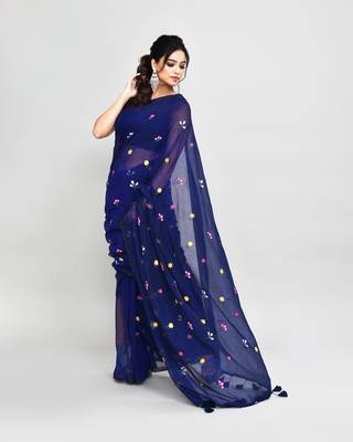 Women's blue exclusive embroidery saree with tassels without blouse 4