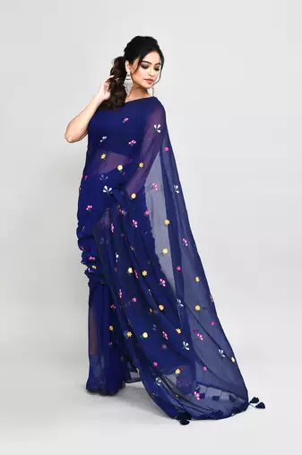 Women's blue exclusive embroidery saree with tassels without blouse