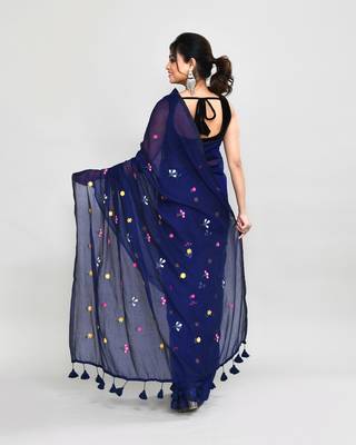 Women's blue exclusive embroidery saree with tassels without blouse 5