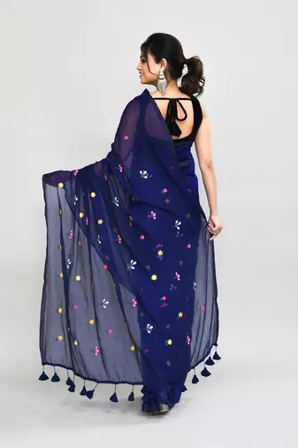 Women's blue exclusive embroidery saree with tassels without blouse
