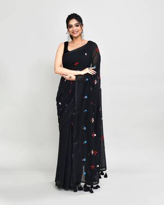 Women's black exclusive embroidery saree with tassels without blouse 1