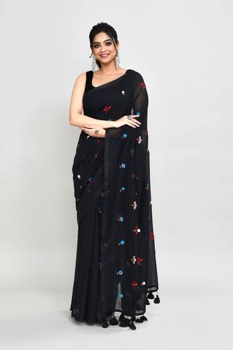 Women's black exclusive embroidery saree with tassels without blouse