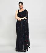 Women's black exclusive embroidery saree with tassels without blouse