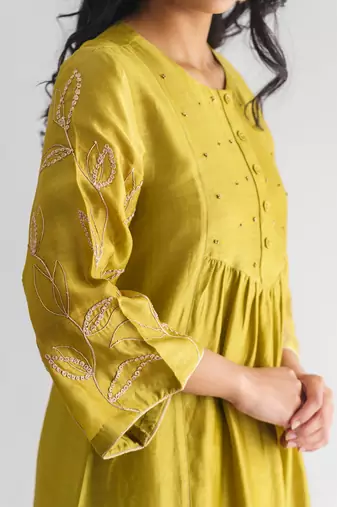 Lime green dori embroidered chanderi silk kurta (with slip) with pants