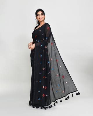 Women's black exclusive embroidery saree with tassels without blouse 2