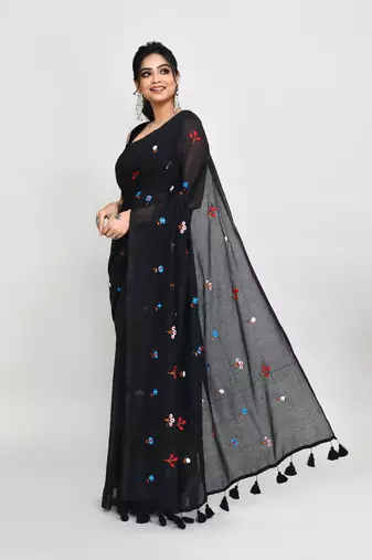 Women's black exclusive embroidery saree with tassels without blouse