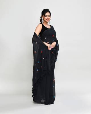 Women's black exclusive embroidery saree with tassels without blouse 3