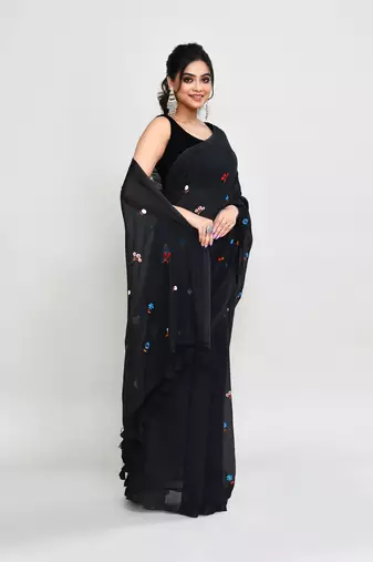Women's black exclusive embroidery saree with tassels without blouse