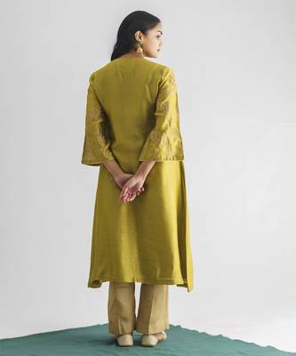 Lime green dori embroidered chanderi silk kurta (with slip) with pants 5