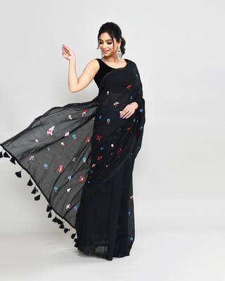 Women's black exclusive embroidery saree with tassels without blouse 4