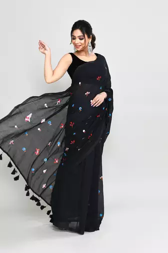 Women's black exclusive embroidery saree with tassels without blouse