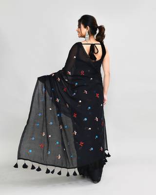Women's black exclusive embroidery saree with tassels without blouse 5