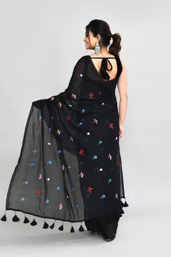 Women's black exclusive embroidery saree with tassels without blouse