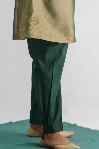 Green floral embroidered tissue fabric kurta with pant