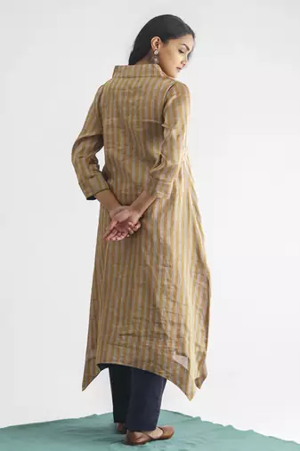 Grey and gold stripe handwoven chanderi silk kurta (with slip) with pant