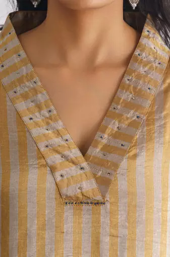 Grey and gold stripe handwoven chanderi silk kurta (with slip) with pant
