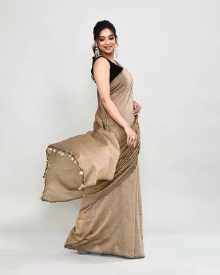 Handspun cotton beige handloom saree with blouse 4