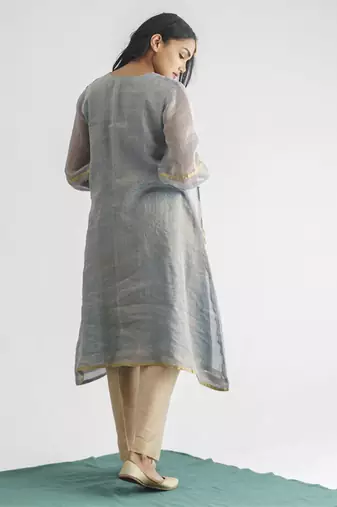 Powder blue zari stripe kurta with tassels with pant