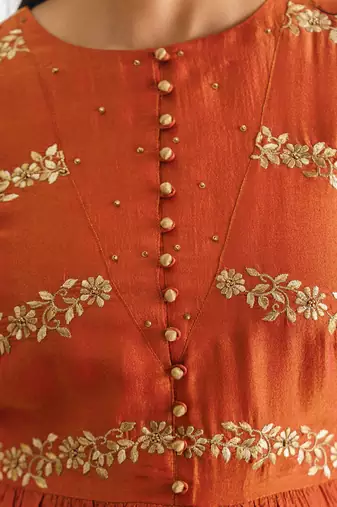 Rust orange floral embroidered georgette tissue kurta with pant