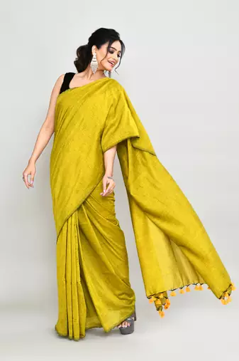 Handspun cotton lemon handloom saree with blouse