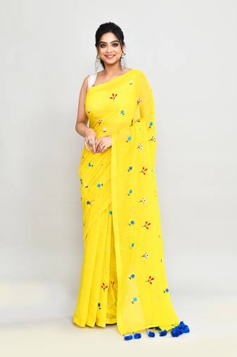 Women's lemon exclusive embroidery saree with tassels without blouse