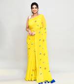Women's lemon exclusive embroidery saree with tassels without blouse