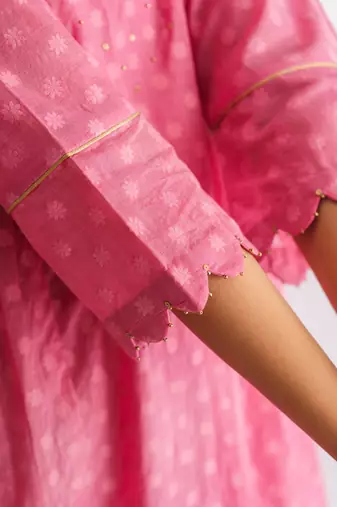 Pink hand embroidered chanderi silk kurta (with slip) with pant