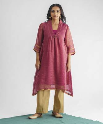 Plum hand embroidered zari stripe kurta (with slip) with pant 1