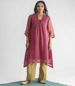 Plum hand embroidered zari stripe kurta (with slip) with pant