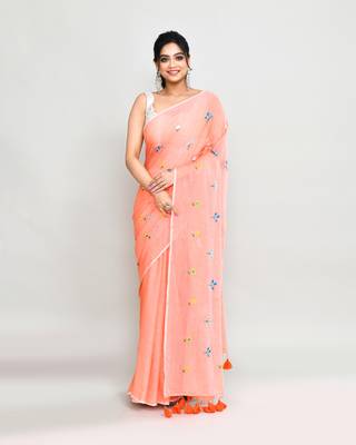 Women's salmon exclusive embroidery saree with tassels without blouse 1