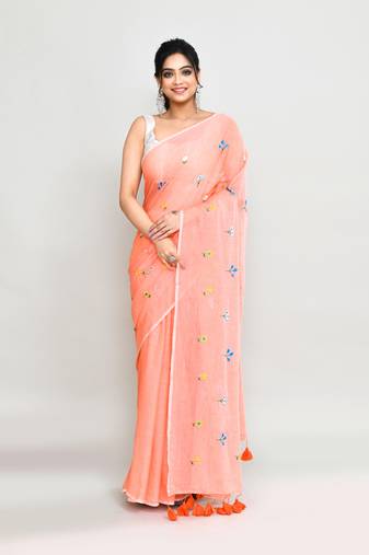 Women's salmon exclusive embroidery saree with tassels without blouse