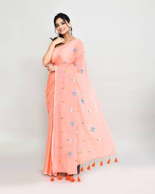 Women's salmon exclusive embroidery saree with tassels without blouse 2