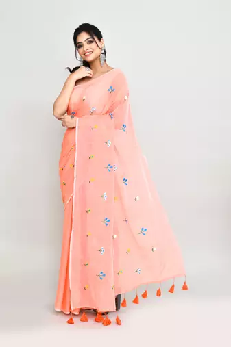 Women's salmon exclusive embroidery saree with tassels without blouse