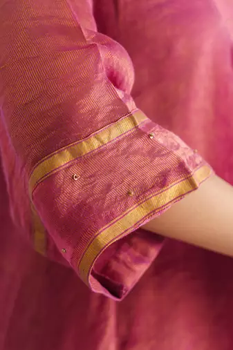 Plum hand embroidered zari stripe kurta (with slip) with pant