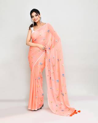 Women's salmon exclusive embroidery saree with tassels without blouse 3