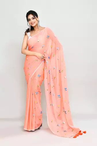 Women's salmon exclusive embroidery saree with tassels without blouse