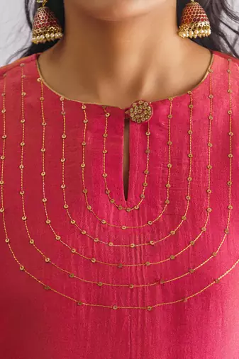 Pink embrodiered georgette tissue kurta (with slip) with pant