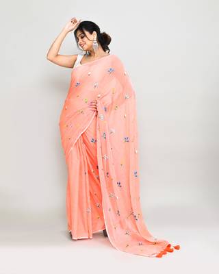 Women's salmon exclusive embroidery saree with tassels without blouse 4