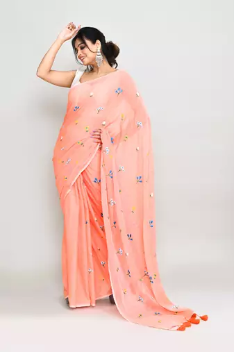 Women's salmon exclusive embroidery saree with tassels without blouse