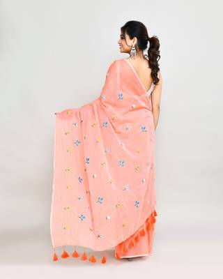 Women's salmon exclusive embroidery saree with tassels without blouse 5