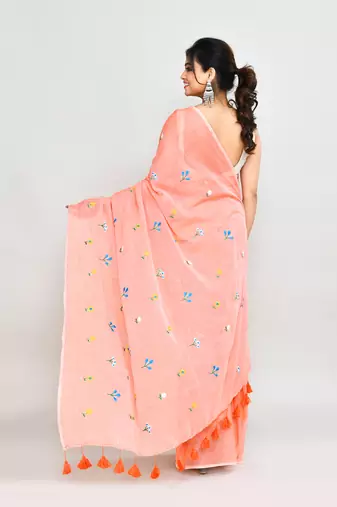 Women's salmon exclusive embroidery saree with tassels without blouse