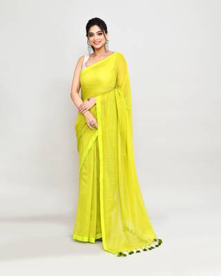 Woven's lime mulmul cotton saree with tassels without blouse 1