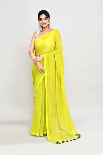 Woven's lime mulmul cotton saree with tassels without blouse